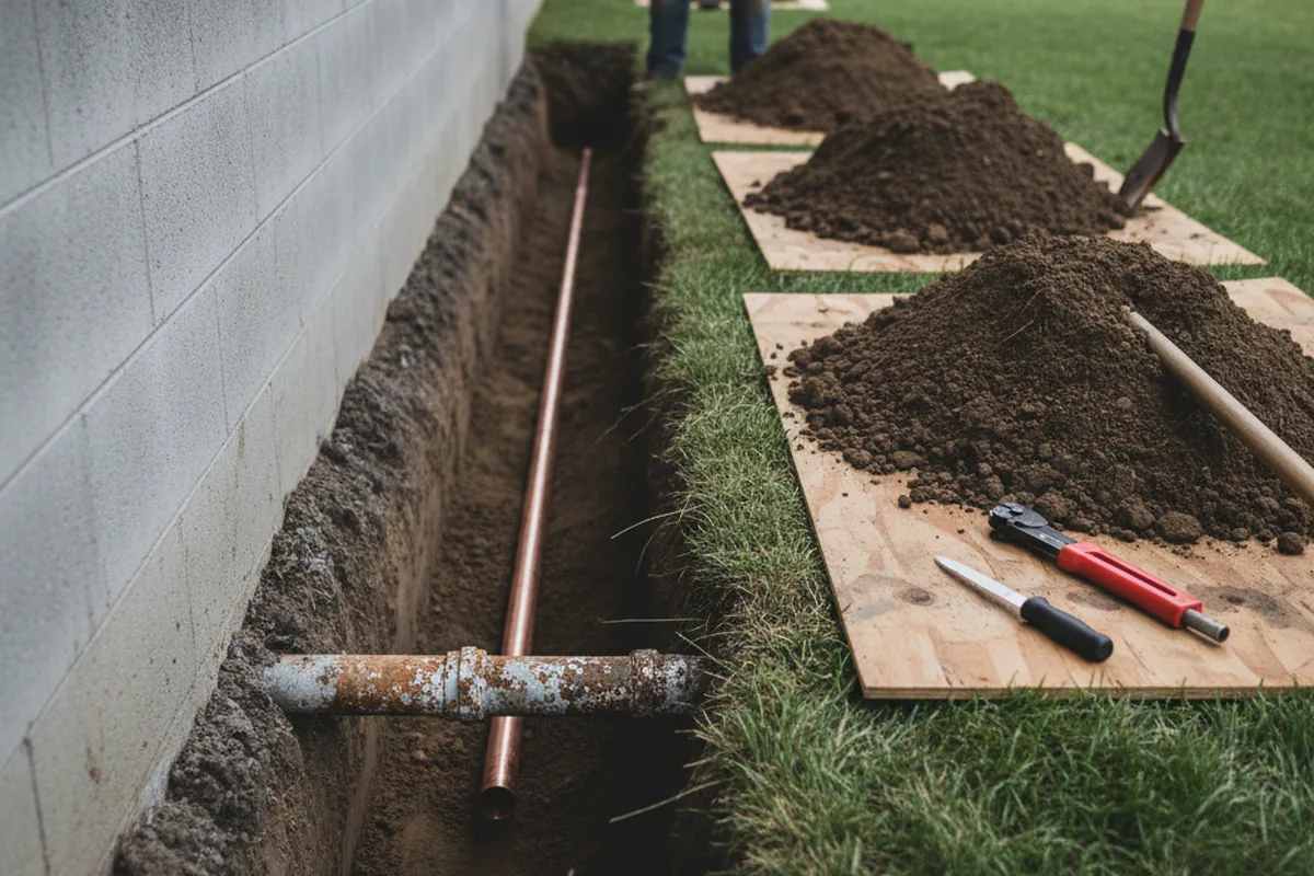 Excavated water line trench during Water Softener Installation in Lodi